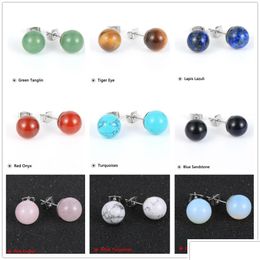 Stud Natural Gem Stone Crystal Tiger Eye Rose Quartz Turquoises Amethyst Opal Beads Earring For Women Stainless Steel Earrings Drop Dhctv