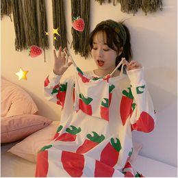 Women's Sleepwear Long Nightdress Round Neck Cotton Strawberry Carrot Pattern Pajamas Summer And Autumn Lovely Loose Home Clothing