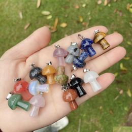 Charms Natural Stone Carved 20Mm Mushroom Pink Quartz Chakras Crystal Tiger Eye Hand Pendant For Diy Jewellery Making Necklace Drop De Dhj0N