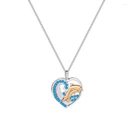 Pendant Necklaces Korean Style Crystal Love Heart Mom Son Dolphins Necklace For Women Gold Blue Hit Colour 2 Tone Choker Mum Gift