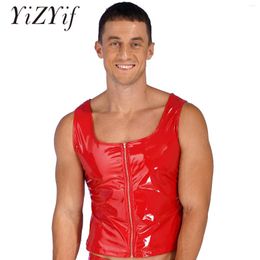Men's Tank Tops Mens Sleeveless Vest Sexy Clubwear Fashion Zipper Patent Leather Top Wet Look Crop For Club Pole Dancing