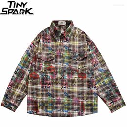 Men's Casual Shirts 2023 Men Retro Vintage Plaid Shirt Streetwear Hipster Graffiti Graphic Hip Hop Harajuku Loose Y2K