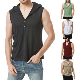 Men's Tank Tops 2023 Summer Sleeveless Hoodies Tanks Fashion Male Solid Colour Hooded Casual Workout Muscle Button Shirt Vest