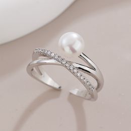 Sparkling Zircon Natural Pearl Cross Geometric Opening Ring For Women Luxury Designer Silver Plated Bride Wedding Ring Jewellery