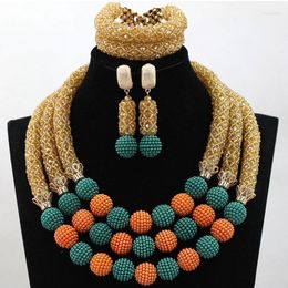 Necklace Earrings Set Perfect Gold Champagne African Beads Jewelry Teal/Orange Balls Designs Wedding Gift WD109