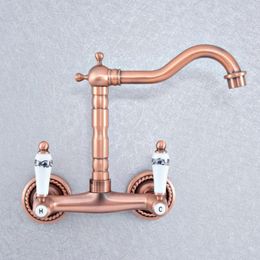 Bathroom Sink Faucets Antique Red Copper Basin Mix Tap Dual Handles Wall Mounted Kitchen Mixer Faucet Nsf873