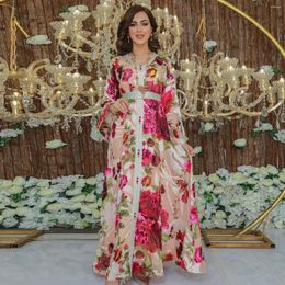 Ethnic Clothing Muslim Pink Big Floral Print Dress V Neck Knit Belt Long Sleeve Festival Gown Dubai Qatar Women Party Modest Jalabiya Abaya