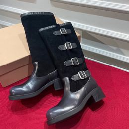 Belt buckle knight boots thick heels long boots luxury designer square head motorcycle retro boots womens shoes short boots Martin boots shoes +box