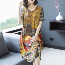 Casual Dresses For Women 2023 Spring Summer Silk Dress Loose V-neck Thin Printed Midi Korean Fashion Clothing Vestidos