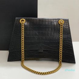 2023-Large Capacity Shoulder Bag Fashion Chain Flap Crossbody Bags Cowhide Leather Women Handbags Gold Metal Letter Zipper Pocket Purse Black