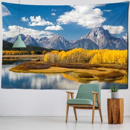 Tapestries Mountain Rolling Lake Scenery Art Tapestry Golden Forest Wall Hanging Cloth Backdrop Beach Mat Dorm Home Decor