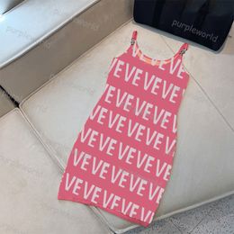 Casual Designer Knitted Pink Halter Jumper Skirt Sexy Alphabet Fashion Print Design Slim Fit Shopping Party Dress