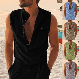 Men's Tank Tops Hawaiian Vest Men Summer Casual Button Down Pocket Turn-down-collar Solid Top Holiday Vacation Travel Beach Male Clothes