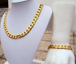 Necklace Earrings Set Mens Bracelet Classic Accessories Yellow Gold Filled Cuban Chain Jewelry (24" 9")