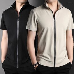 Men's T Shirts Premium Quality Black Short-Sleeve T-Shirt Men Full-Zip Cotton Mock Neck Tops Tee Summer Slim Fit Casual Mens Clothing Khaki