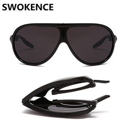 SWOKENCE Folding Sunglasses Men Women Retro Large Size Foldable UV400 Sun Glasses Gray Lenses With Fashion Portable Box SA22