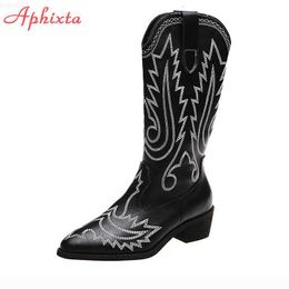 Boots Aphixta 4.5cm Wood Heel Embroider Long Boots Women Pointed Toe Mid-calf Boots Comfortable Square Heels High Boots Winter L230711