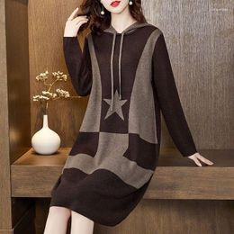 Casual Dresses 2023 Autumn/Winter Women Fashion Long Sleeve Knitted Dress Female Loose Hooded Ladies Printed Sweater Vestidos M13