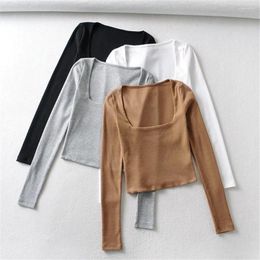Women's T Shirts 2023 Autumn Winter Women Cotton Ribbed Square Neck Crop Top With Long Sleeve Short Style High Waist Slim Inside Basic Tops