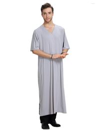 Ethnic Clothing Islamic Dubai Robe Wear Size M-L Men Summer Clothes Muslim Ramadan Thobe Half Sleeves V- Neck Thawb Saudi Arab Plain Kaftan