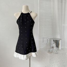 Casual Dresses Fashion Halter Neck Ruffles Patchwork Dress Women Beading Chic Black Summer Party Pearl Vintage Robe Ladies