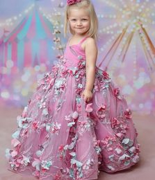 2023 Pink Lace Flower Dresses Ball Gown Tulle Spaghetti Hand Made Flowers Vintage Little Girl Peageant Dress Gowns 322