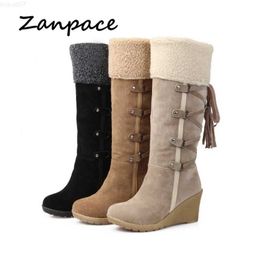 Boots 2022 Autumn Large Size 43 Snow Boots Wedges Keep Warm Winter Women Boots Tassel High Heel Round Toe Knee High Women's Shoes L230711