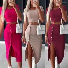 Work Dresses Hip Wrap Mid Length Skirt Two Piece Set Short Sleeve Round Neck Top Outfits Leisure Suit Crop Party Solid Bodycon Clubwear