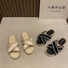 Slippers Straw Fisherman Pearl Shoes Women 2023 Style Cross-off Casual Flat Sandals
