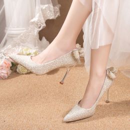Shining Sequin Wedding Pumps Shoes for Women Elegant Pearl Bowknot High Heels Party Shoes Woman Pointed Toe Stiletto Heel Pumps