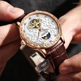 Wristwatches 2023 GLENAW Clock Carved Design Dial With Diamond Chronograph Men's Watch Moon Phase Luminous Waterproof