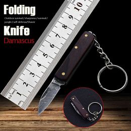 Neues taktisches neues Damaskus-Mini-Klingen-Schlüsselanhänger-Messer mit Dalbergia-Holzgriff, Outdoor-Edc, kleines Messer, Wander-Taschenmesser, Gadget, Camping-Messer