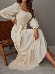 Urban Sexy Dresses Vintage Square Neck Midi Dress Long Sleeve Ruffle A Line Robe High Waist Elasticity Commuter Office Lady Casual Long Dresses L230711