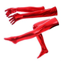 Adult kids Unisex Long Shiny Metallic Gloves and Tights High Stockings Halloween Cosplay Accessory261c