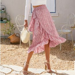 Skirts Ladies Vintage Floral Print Long Summer Skirt Women High Waist Knotted Tied Wrap Ruffle Chiffon A Line Split Woman Skirts Female 230710