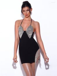 Casual Dresses Est Women Summer Sexy V Neck Black White Diamonds Backless Mini Bodycon Bandage Dress 2023 Elegant Evening Club Party