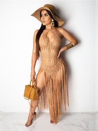 Casual Dresses IDress Sexy Fringe Sleeveless Backless Halter Dress Club Party Knitted See Through Long Summer Beach Outfits For Women