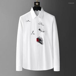 Men's Casual Shirts European And American Trend Bird Embroidery Shirt Long-Sleeved Spring Light Luxury Comfortable Top