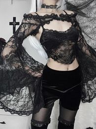Women's T Shirts Lace Goth Long Sleeve Smock Vintage Black One Shoulder Grudge Aesthetic Overall Y2K Luxury Coquette Party Sexy Top