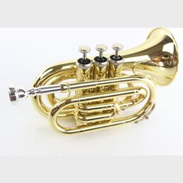 High quality Bb B-flat pocket trumpet, palm trumpet instrument with hard case, mouthpiece, cloth and gloves, gold