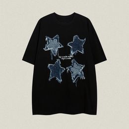 Stars Denim Patch Short Sleeve T-shirt Men's Summer High Street Top