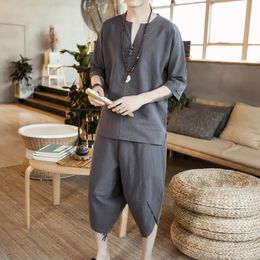 Mens Tracksuits Chinese Style Set 34 Sleeve Cotton and Hemp Plate Button 74 Pants Casual Solid Color Fashion 230710
