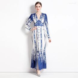 Casual Dresses Autumn Women Runway Maxi Dress High Quality Fashion Lantern Long Sleeve Slim Waist Vintage Printing Robe Vestidos