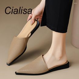 Slippers Cialisa 2023 Summer Pointed Toe Flats Mules Women's Shoes Genuine Leather Handmade Ladies Comfortable Slipper Black 40