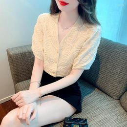 Women's Blouses Fashion Korean Blusa Top V-neck Short Sleeve Chiffon Shirt 2023 Summer Puff Blouse