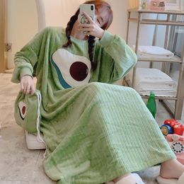 Women's Sleepwear Women Winter Nightgowns Warm Thicken Flannel Nightdress Long Cute Fruits Sleepshirts Sweet Princess Casual Homewear