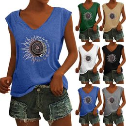 Women's T Shirts Sun Moon Letter Print Tank Top Hide Belly Basic Slim V Neck Comfortable Casual Shirt