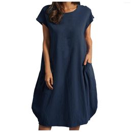 Casual Dresses Loose Short Sleeve Robe Cotton Linen Knee Vestidos 2023 Summer Lady Vintage Dress Oversize Womens Solid Fashion