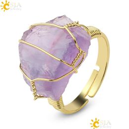 Solitaire Ring Natural Crystal Stone Rings Irregar Wire Wrap Women Men Healing Amethysts Fluorite Pink Quartz Gold-Color Resizable D Dhhia