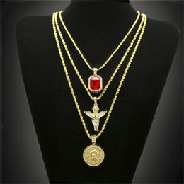 Pendant Necklaces Hip Hop Gold Plated Necklace Iced Out Rhinestone Crystal Jewellery Set With Angel Jesus Pendants Necklaces Chain Hot Sale x0711